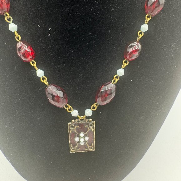 Handcrafted Red Beaded Necklace With Gold-Tone Chain & Ornate Floral Pendant - Picture 2 of 4